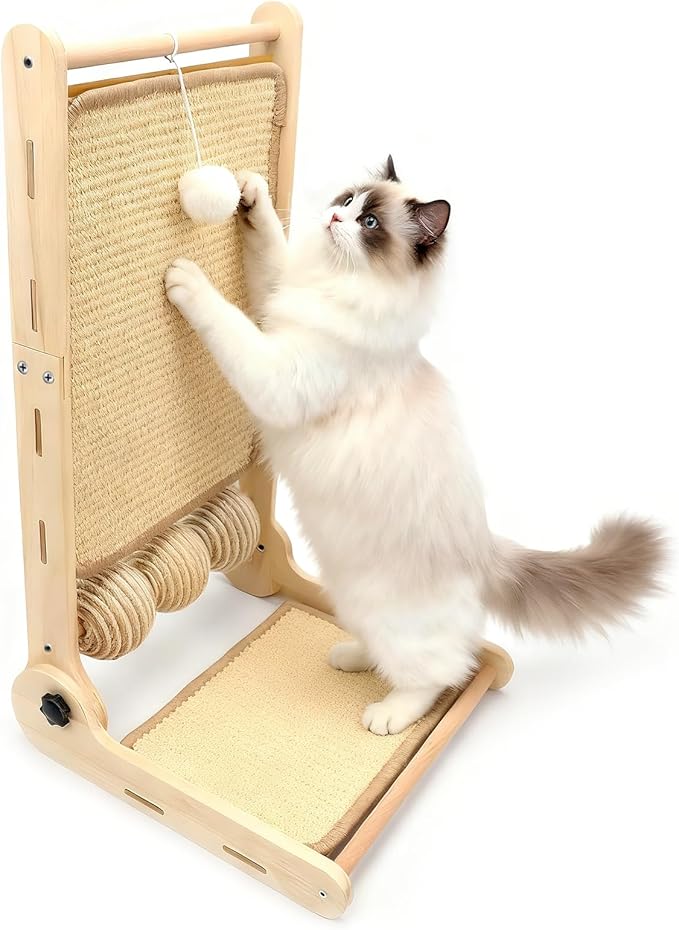 Goosheep L Shaped Cat Scratching Post, 23.2" Tall Sisal & Wooden Base Cat Scratcher Board for Indoor Cats, Sturdy Vertical Cats Scratching Pad Protects Furniture