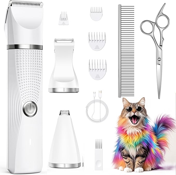 Bautrium Cat Grooming Clippers Kit with Paw Trimmer, 3 in 1 Electric Pet Hair Trimmer Supplies for Thick Matted Hair, Heavy Coat Butt Shaver Cat Razor Fur Trimmer for Dogs at Home (White)