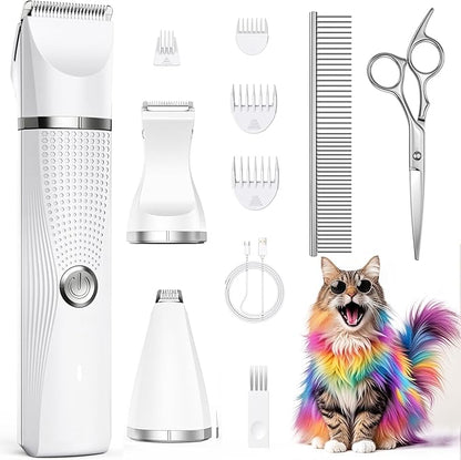 Bautrium Cat Grooming Clippers Kit with Paw Trimmer, 3 in 1 Electric Pet Hair Trimmer Supplies for Thick Matted Hair, Heavy Coat Butt Shaver Cat Razor Fur Trimmer for Dogs at Home (White)