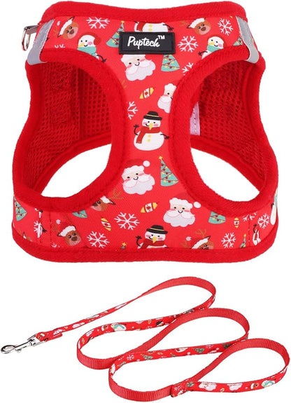 PUPTECK Dog Harness and Leash Set for Small Medium Dogs No Pull Step-in Soft Mesh Puppy Cat Vest Harnesses Reflective at Night, Christmas, S