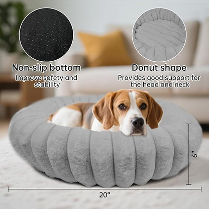 Vhen When Donut Dog and Cat Bed, Luxurious Comfortable Faux Rabbit Fur Pet Beds, Soft Anti-Anxiety Calming Puppy Kitten Bed with Anti-Slip Bottom for Small Medium Dogs & Cats(20", Grey)