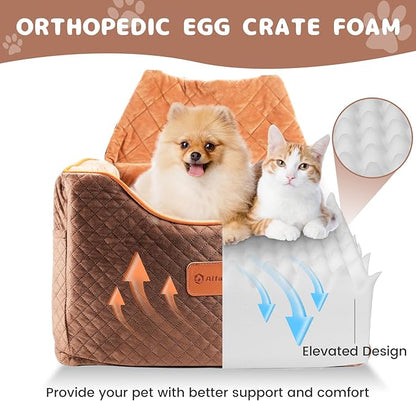 AlfaTok Memory Foam Booster Dog Car Seat with Washable Removable Cover, Elevated Pet Car Seat, Anti-Slip Sturdy Booster Seats for Small Dogs 35lbs, Seat Belt, Storage Pocket, Dog Blankets