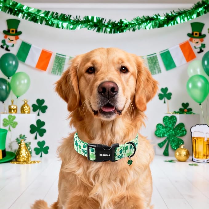 DOGWONG St Patrick's Day Dog Collar-Cute Green Clovers Dog Collar, Adjustable Cotton Shamrock Pet Collar Trefoil Puppy Collars with Quick Release Buckle,S