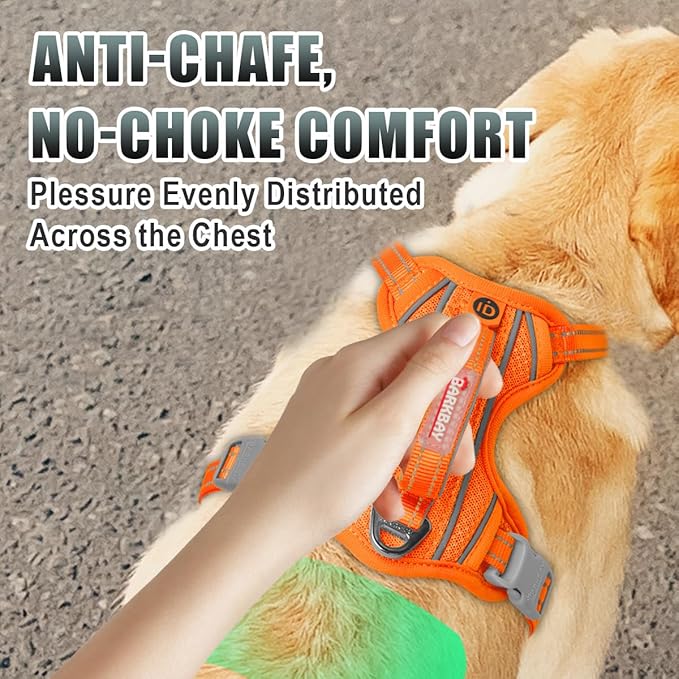BARKBAY No Pull Dog Harness Large Reflective Dog Harness with Front Clip and Easy Control Handle for Walking Training Running with ID tag Pocket(Orange,M)