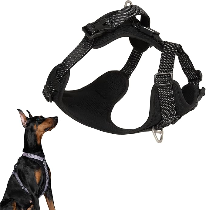 All-Weather No Pull Dog Harness Reflective Vest Harness QR Code Anti-Lost Adjustable Quick-Release Buckle Soft Padded Breathable Harness for Small Medium Large Dog (Super Reflect-Black, L)