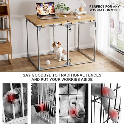 Clear Acrylic Dog Cage Furniture, Decorative Dog Kennel Furniture with Solid Wood Tabletop, 41 Inch, 6 Panels, Transparent Pet Fence for Small Dogs, Rabbits, Hedgehogs, and Cats