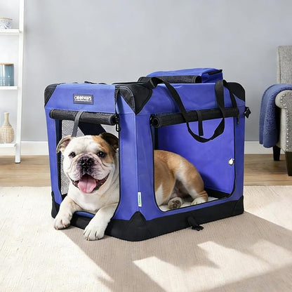 JESPET Soft Dog Crates Kennel for Pets, 3 Door Soft Sided Folding Travel Pet Carrier with Straps and Fleece Mat for Dogs, Cats (Royal Blue, Large(30" L x 21" W x 23" H))