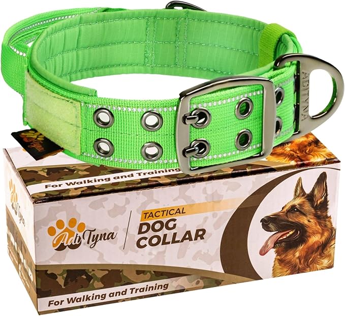 ADITYNA Heavy Duty Dog Collar for Medium Dogs - Reflective Green Collar with Handle for Training, and Walking - Wide, Thick, Tactical, Soft Neoprene Padded