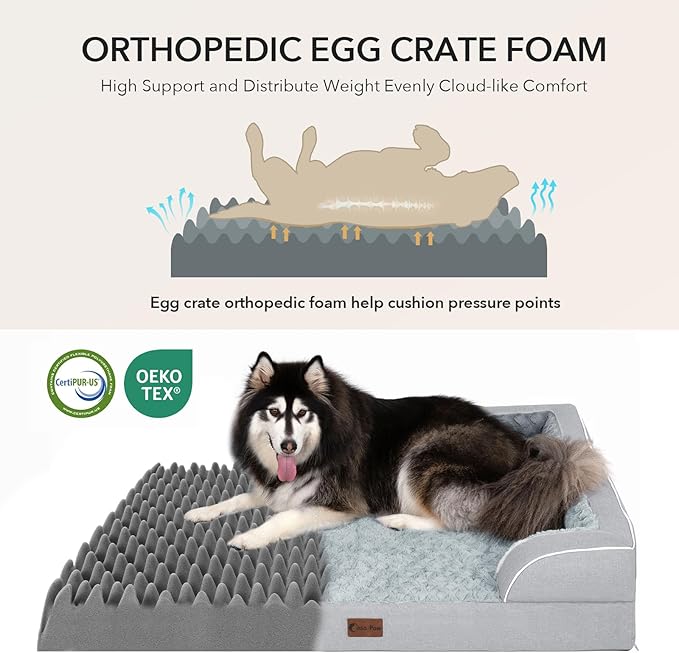 Casa Paw Orthopedic Dog Beds for Large Sized Dogs, Waterproof Memory Foam Large Pet Bed with Sides 35x22Inch, Non-Slip and Egg-Crate Foam Big Dog Couch Bed with Removable Washable Cover, Light Grey