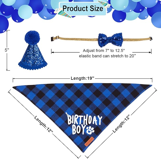 ADOGGYGO Cat Birthday Party Supplies, Birthday Boy Plaid Kitten Bandana, Blue Cat Party Hat with Numbers, Bowtie (Blue)
