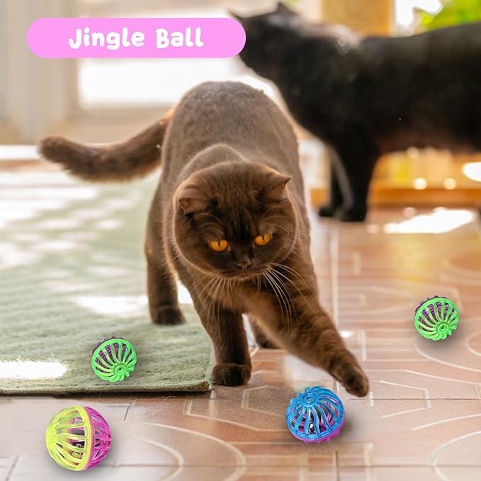 Flashine Cat Toys for Indoor Cats 40 PCS Kitten Toys Cat Interactive Toys Pack Including Cats Springs Sparkle Ball Pom Pom Ball Jingle Balls Tracks Balls