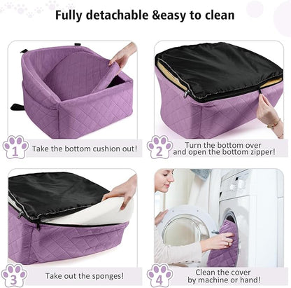 NEEZUKAR Dog Car Seat for Small Medium Dogs,Detachable Washable Dog Booster Seat Under 30lbs, Pet Car Seats Travel Bed with Storage Pockets and Safety Belt (Purple)
