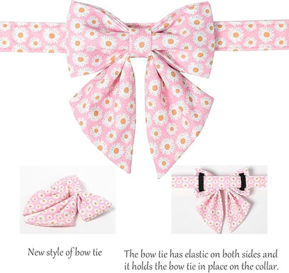 Lionet Paws Floral Dog Collar with Sailor Bow, Spring Cute Daisy Pink Dog Collar Bow Tie for Large Dogs, Neck 16-24 inches