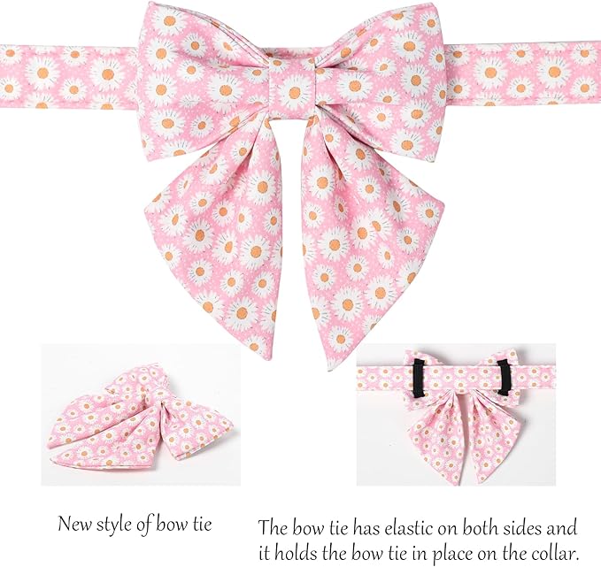 Lionet Paws Floral Dog Collar with Sailor Bow, Spring Cute Daisy Pink Dog Collar Bow Tie for Dogs, Medium, Neck 13.5-22 inches