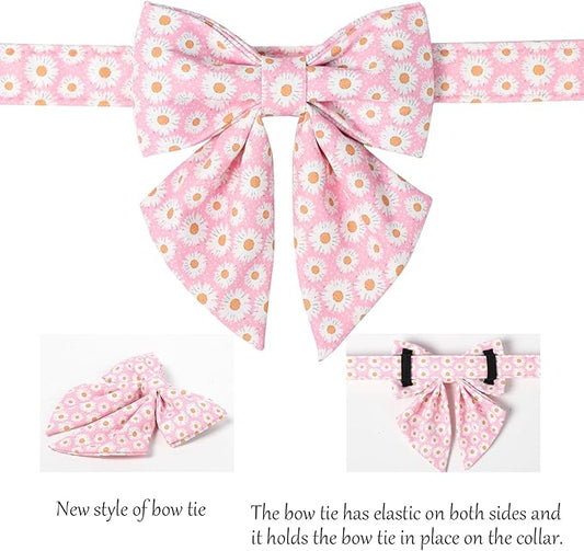 Lionet Paws Floral Dog Collar with Sailor Bow, Spring Cute Daisy Pink Dog Collar Bow Tie for Dogs, Medium, Neck 13.5-22 inches
