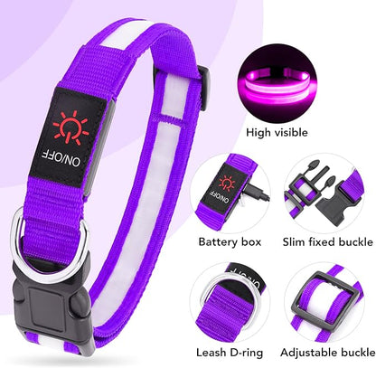 VIZPET LED Dog Collar, Light Up Dog Collar Adjustable USB Rechargeable Super Bright Safety Light Glowing Collars for Dogs (Purple, Large[18.89-23.62 inch/48-60cm])