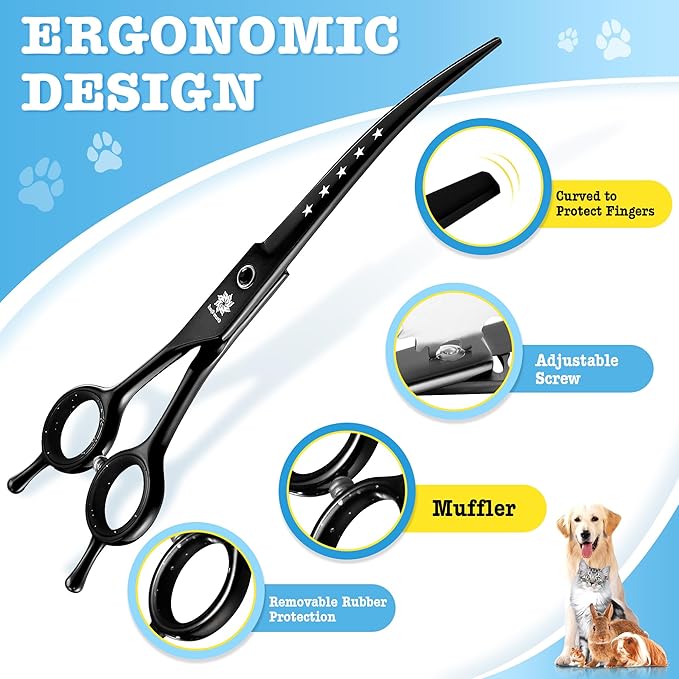 Dream Reach Dog Grooming Scissors - 7 Inch Professional 6 in 1 Pet Grooming Kit Sharp and Durable Shears Set Thinning, Chunker, Straight, Curved Shears and Comb for Dog Cat Pet, Black