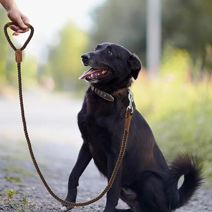 Mile High Life Dog Leash, Braided Cotton Rope Leashes with Leather Handle - Heavy Duty Metal Clasp, 5FT, 1/2" Thick - Wedding, Walking & Training Leash for Small Medium Large Dogs (Dark Brown)