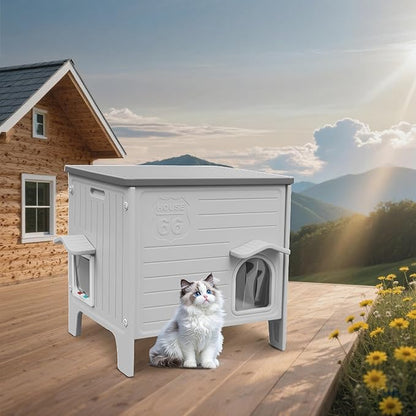 Weatherproof Outdoor Insulated Cat House for Feral Cat, Plastic Elevated Cat Shelter with Escape Door, Easy Assemble, Expansive Interior‌ Grey 27.0" L x 27.0" W x 21.0" H
