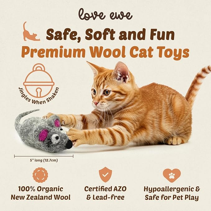 Hustle & Blush Love Ewe Felted Cat Toys 3 Pack- 5 Inch Mouse w/Bell & 2 Inch Ball Hand Made Cute & Fun Design Kitten Wool Felt Balls for Indoor Play & Exercise-100% New Zealand Handmade Felted Balls
