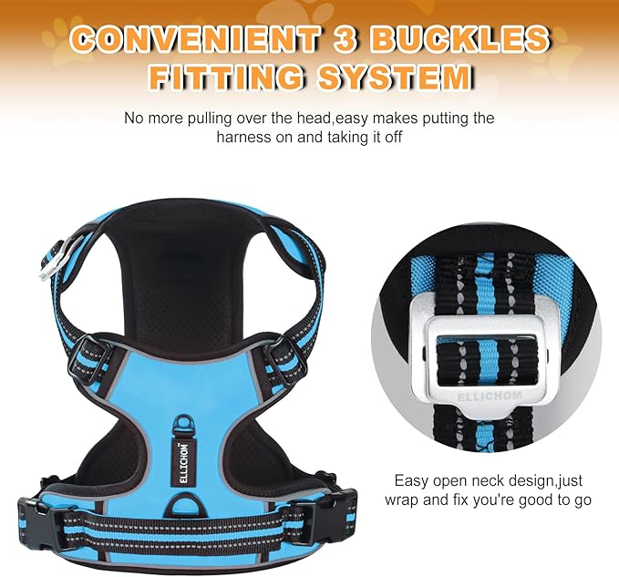 No Pull Dog Harness with 3 Snap Buckles,No Choke Front Lead pet Harness Reflective and Adjustable Soft Padded Vest for Small Medium Large Dog (Blue, Medium)