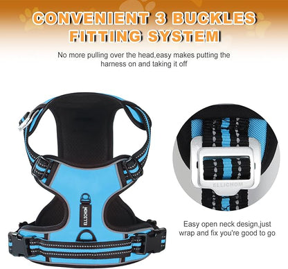 No Pull Dog Harness with 3 Snap Buckles,No Choke Front Lead pet Harness Reflective and Adjustable Soft Padded Vest for Small Medium Large Dog (Blue, Extra Large)