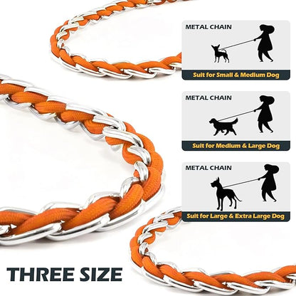 Chew Proof Metal Leash Chain Dog Leash for Medium Large Dogs, Chain Link Anti Chew 4FT Strong Anti Bite Comfortable Soft Padded Handle Orange