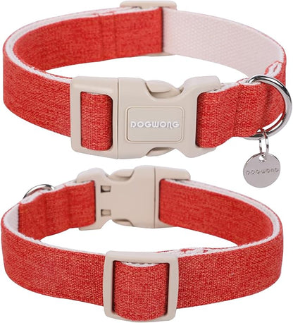 DOGWONG Cotton Hemp Dog Collar, Heavy-Duty Orange Dog Collar Adjustable Soft Natural Fabric Pet Dog Collar Cute Fall Puppy Necklace for Small Medium Large Dogs