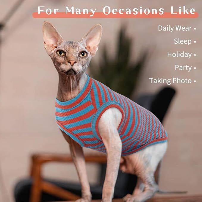 BRKURLEG Hairless Cats T Shirt, Cat Sweaters, Pullover Kitten Shirts, Sleeveless Round Collar Cotton Vest for Cornish Rex Devon Rex Peterbald and Small Dogs Sweater(OrangeBlue Stripes, M)