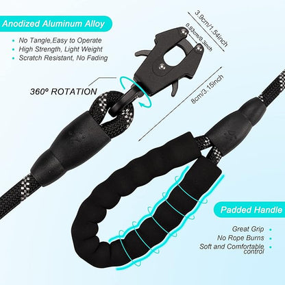 GEIT 2/4/5/6FT Dog Leash, Heavy Duty Rope Leashes, Reflective Nylon Pet Lead with Aluminum Quick Release/Locking Tactical Frog Clip for Small Medium and Large Dogs, Black, 1/2 inch