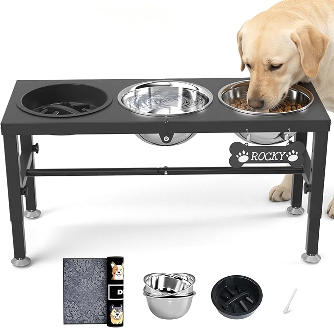 3-in-1 Slow Feeder Dog Bowl Stand, Elevated Raised Feeder with 1 Slow Feed & 2 Stainless Steel Bowls, Iron Stand, Custom Name Plate & Mat - Easy Clean for Fast Eaters, Multiple Dogs