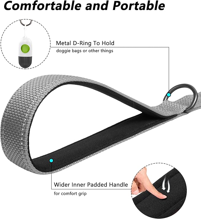 PetiFine 5FT Heavy Duty Dog Leash with Soft Padded Double Handle, Durable Strong Clasp Dog Leashes, Reflective Nylon Walking Lead for Large,Medium,Small Breed Dogs, Grey