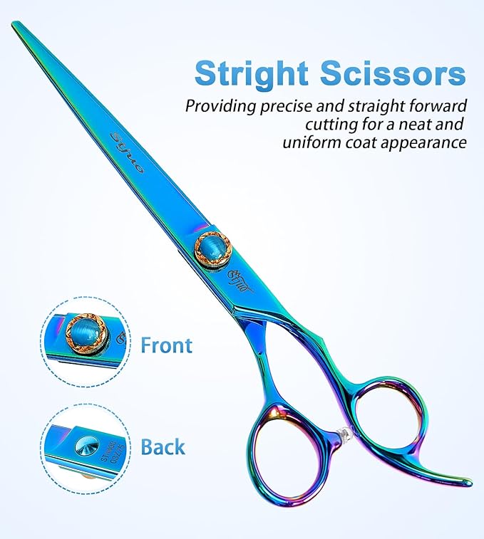Stjuo 7.5'' Dog Straight Scissors for Grooming 440C Stainless Steel Green Professional Pet Trimming Scissors Sharp Blades Cutting for Dogs and Cats Shears