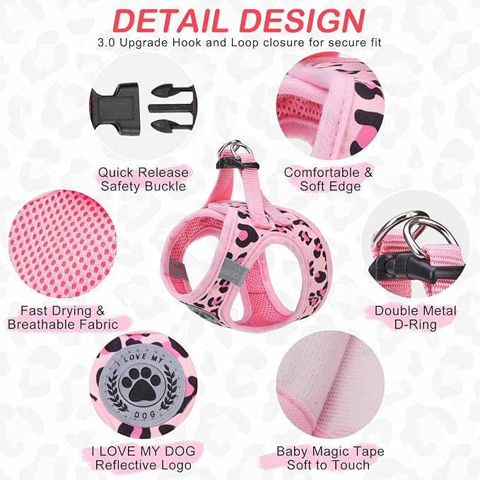 BEAUTYZOO Step in Dog Harness and Leash Set,Reflective Dog Harness No Pull No Choke Puppy Harness for Small Medium Large Dogs Cats,Soft Padded Mesh Vest Harnesses for Girl and Boy Pet,Leopard Pink XS