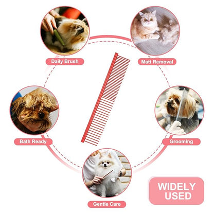 PETAXCELL Dog Cat Comb, Pet Combs Stainless Steel Teeth with Rounded Ends for Knots Mats Loose Hair Removal, 6.5IN (Red Coated, 3 Pack), Grooming Tool Intended for Long Curly Hair Pet