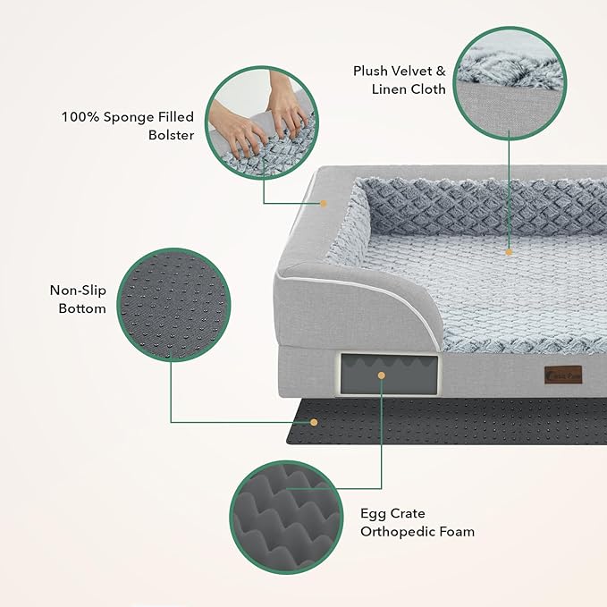 Casa Paw Orthopedic Dog Beds for Large Sized Dogs, Waterproof Memory Foam Large Pet Bed with Sides 35x22Inch, Non-Slip and Egg-Crate Foam Big Dog Couch Bed with Removable Washable Cover, Light Grey