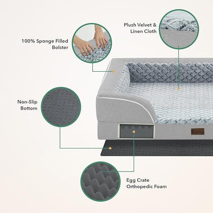 Casa Paw Orthopedic Dog Beds for Large Sized Dogs, Waterproof Memory Foam Large Pet Bed with Sides 35x22Inch, Non-Slip and Egg-Crate Foam Big Dog Couch Bed with Removable Washable Cover, Light Grey
