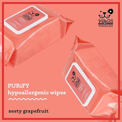 Wags & Wiggles Purify Hypoallergenic Wipes for Dogs, Zesty Grapefruit Scent - Scented Dog Wipes Gently Clean & Condition Your Dog's Coat Without A Bath, 100 Count