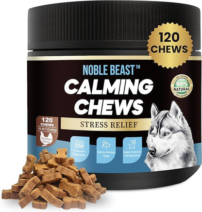 Noble Beast Dog Hemp Calming Chews - Melatonin for Dogs - Dog Calming Treats - Motion Sickness for Dogs - All Natural - Soft Chews with Hemp and Melatonin - Chicken Flavor -120 Count