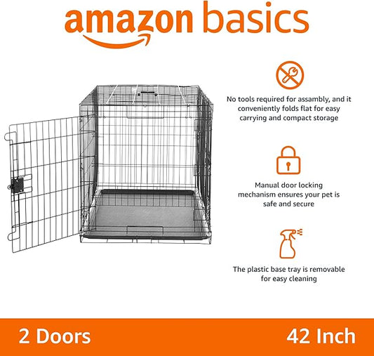 Amazon Basics - Durable,Foldable Metal Wire Dog Crate with Tray, Double Door, 42 x 28 x 30 in, Black