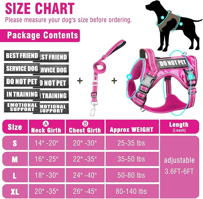MOOGROU Tactical Service Dog Vest and Leash Set,Heavy Duty No Pull Dog Harness and 10 Patches with Dog Seat Belt for Medium Dogs,Reflective Pet Harness for Training Walking Hiking Camo Pink M