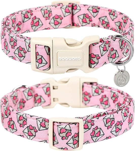 DOGWONG Valentine's Love Letter Dog Collar - Adjustable Durable Pink Heart Cute Collar for Small Medium Dogs