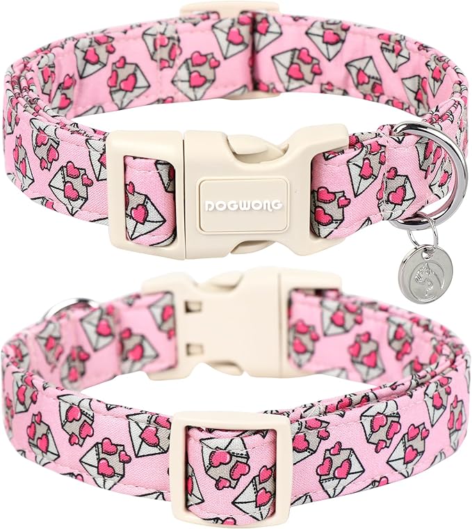 DOGWONG Valentine's Love Letter Dog Collar - Adjustable Durable Pink Heart Cute Collar for Small Medium Dogs