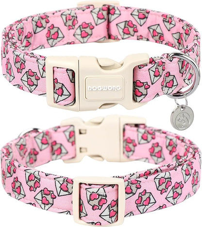DOGWONG Valentine's Love Letter Dog Collar - Adjustable Durable Pink Heart Cute Collar for Small Medium Dogs