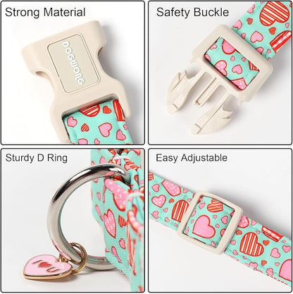 DOGWONG Valentine's Day Cute Loving Heart Printed Collar for Small Medium Large Dogs - Blue Cotton Collar for Girl and Boy Dogs