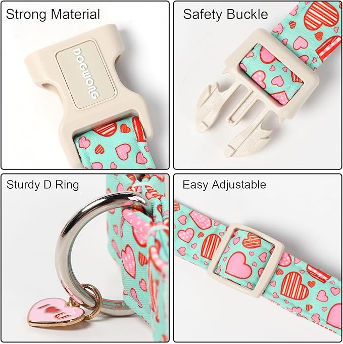 DOGWONG Valentine's Day Cute Loving Heart Printed Collar for Small Medium Large Dogs - Blue Cotton Collar for Girl and Boy Dogs