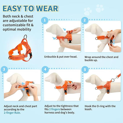Lukovee No Pull Dog Harness and Leash Set, Soft Padded Small Dog Harness, Neck & Chest Adjustable Reflective Vest Puppy Harness with 4ft Lightweight Anti-Twist Dog Leash for Small Dogs (Orange, XS)