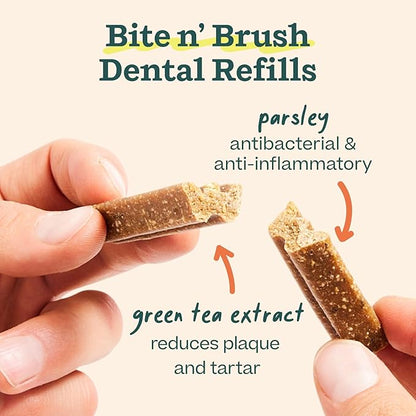WOOF - Bite n' Brush Refills for The Dog Toothbrush Toy - Scrub Plaque and Tartar from Your Dog's Teeth and Mouth - Dog Dental Chew Toy Treats - Approximately 16 Refills - 2 Pack