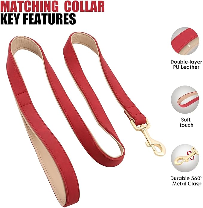 Beirui Soft Padded PU Leather Dog Collar and Leash Set, Durable Dog Leash and Collar Set with Metal Buckle, Breathable Pet Collars with 4FT Leash for Small Dogs（Red, Neck 10-13"