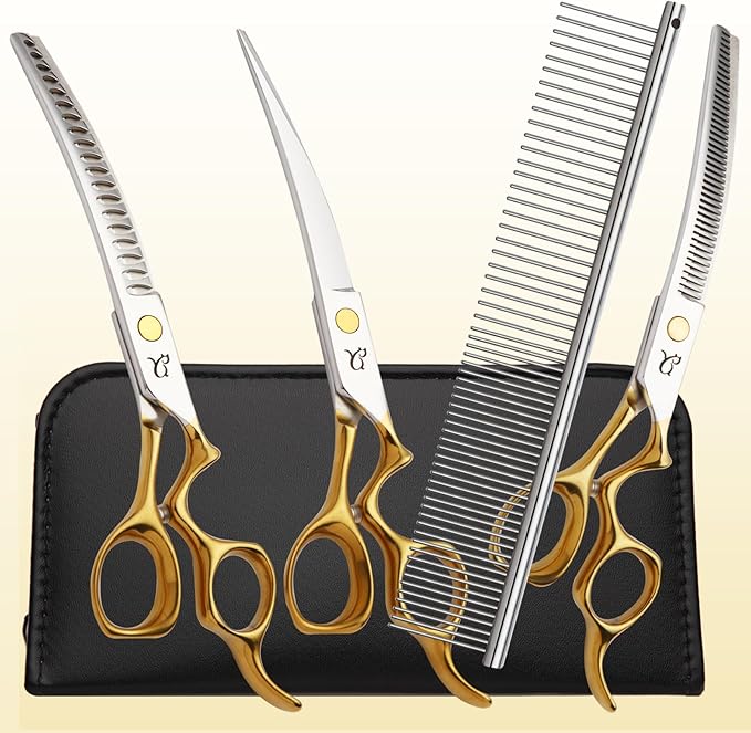 CITYWISH Dog Grooming Scissors,Curved Chunkers Shears Deg Grooming with Safety Round Tips, Sharp and Comfortable 4 in 1 Dog Scissers for Grooming